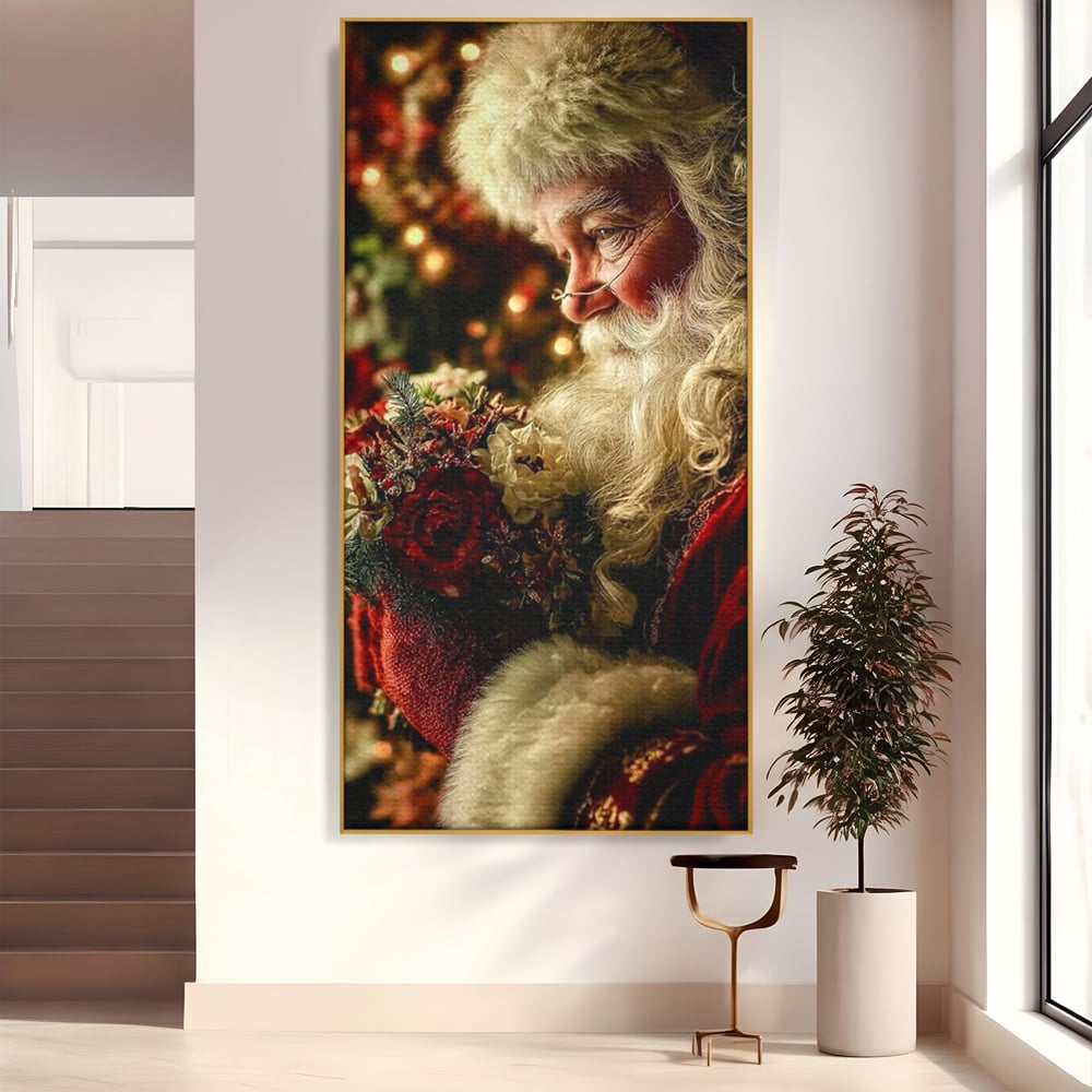 Tablou canvas cu portret ilustrativ cu mos craciun, in rama de aluminiu auriu